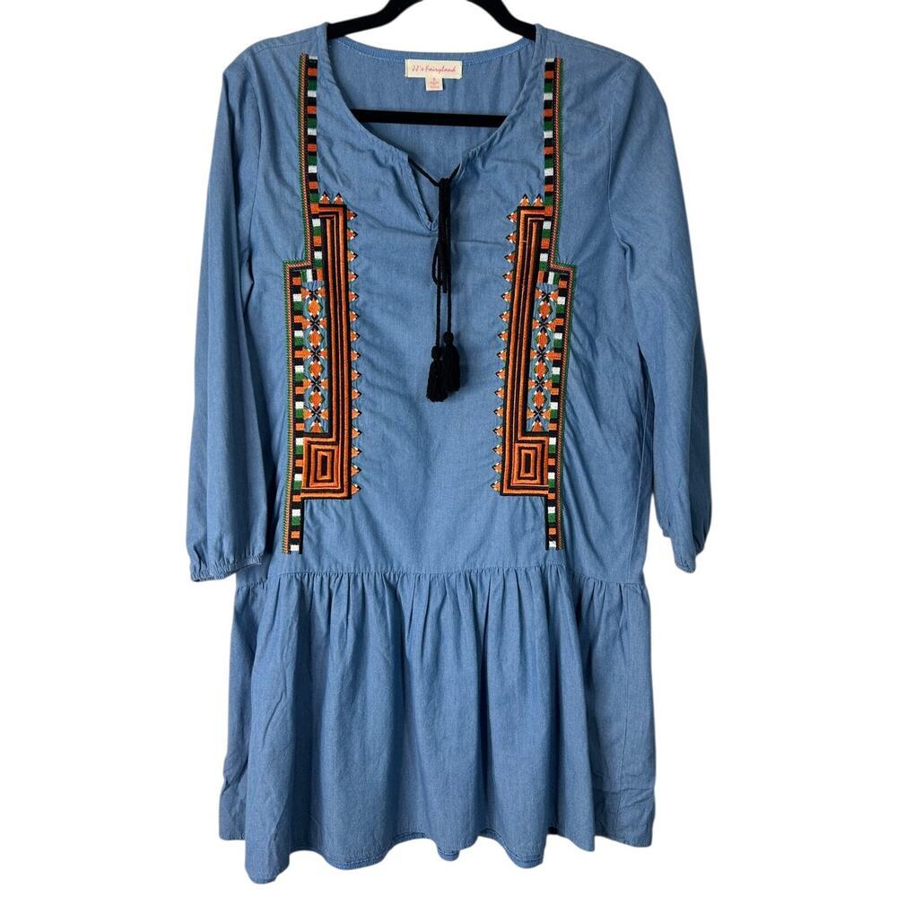 J J's Fairyland Dress Size Small Chambray Embroidered Tassle Tie Prairie Cottage
